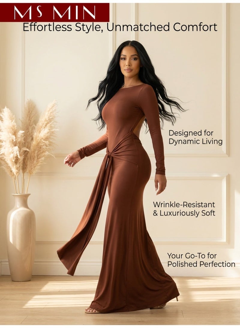 MS MIN Women’s Elegant Long Sleeve Maxi Dress, Solid Color Waist-Fitted Dress with Open Back Design - Image 2